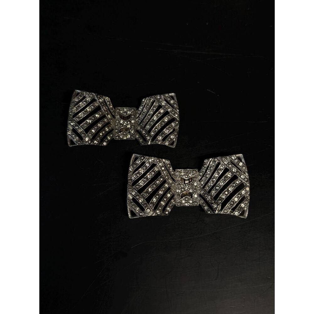 Vintage Shoe Accents by Nancy Silvertone Rhinestone Bow Shoe Clips